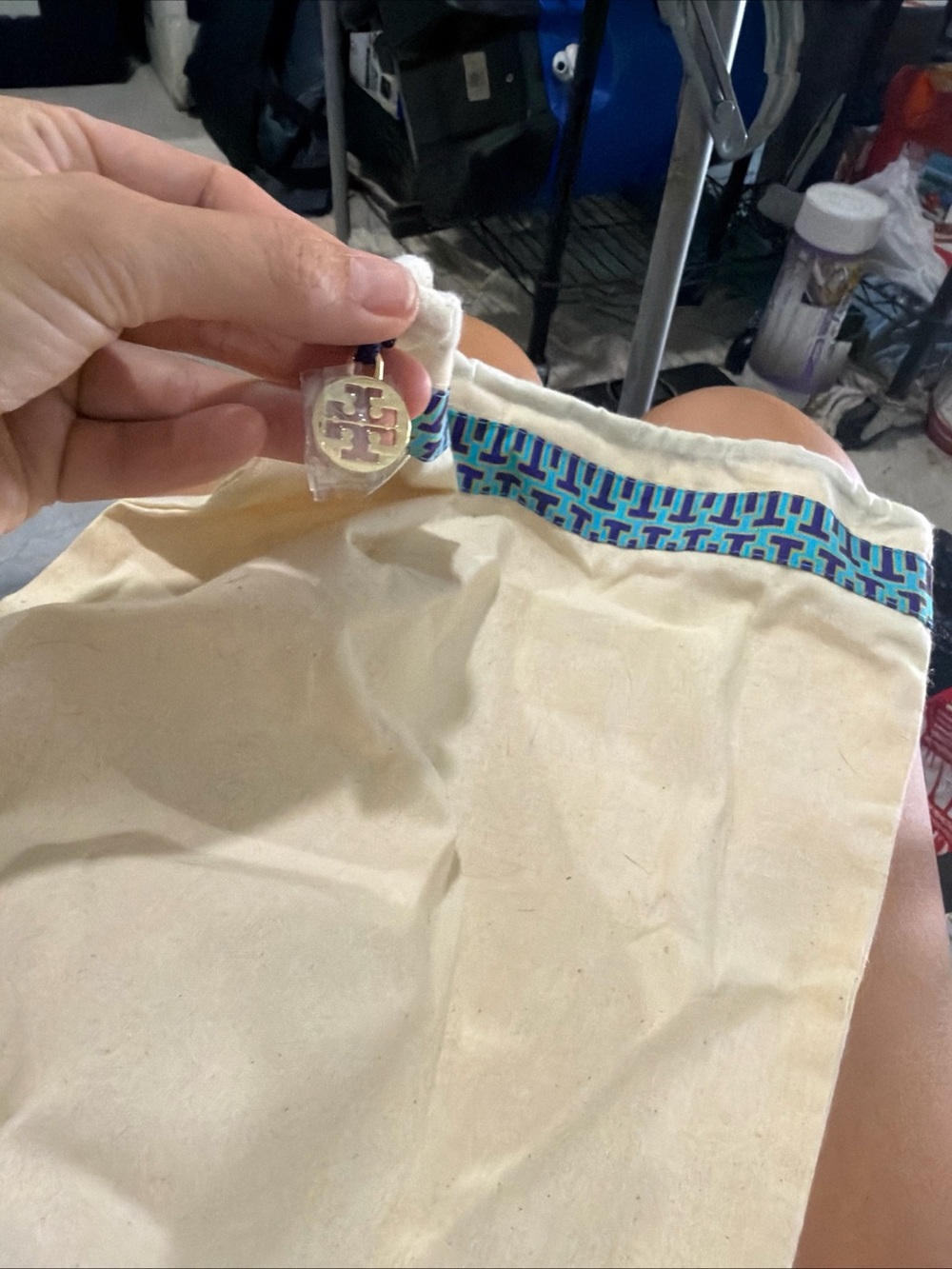 Tory Burch Cream Drawstring Shorts with Blue Geometric Trim